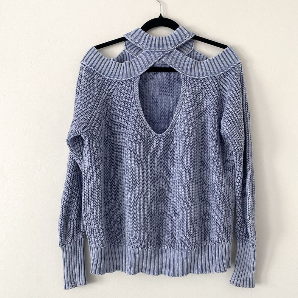 Free People Blue Oversized Slouchy Off-the-Shoulder Cotton Sweater XS Open Back - Picture 2 of 11